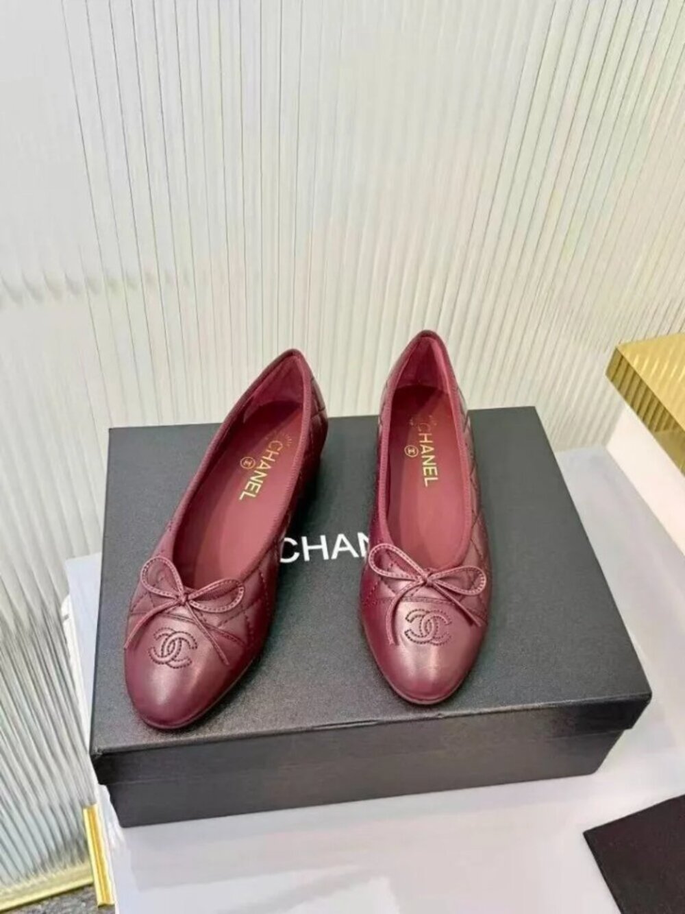 CHANEL Wine Red Quilted Leather Bow Ballet Flats